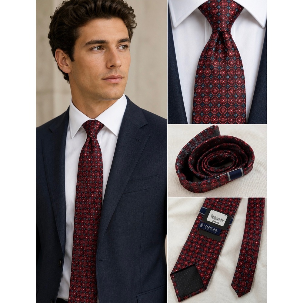 Stafford Essentials Mens Red Navy Geometric Medallion Silk Blend Necktie NEW